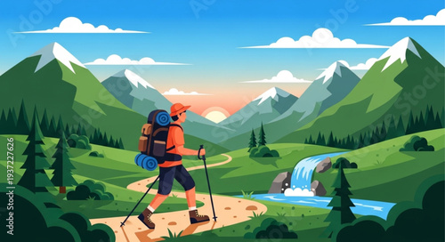 Hiker Trekking Through Mountain Landscape with Backpack and Trekking Poles.