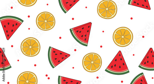 Seamless summer fruit pattern with watermelon slices and orange citrus pieces colorful fresh food vector background