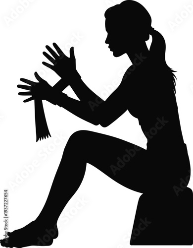 Dynamic black silhouette vector illustration of a focused woman preparing for a fight by wrapping her wrists on transparent background. 