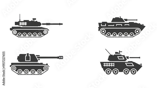 Military tanks in various configurations and viewpoints on a plain background