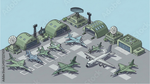 Aerial view of military aircraft and green hangars at an airbase with various planes on the tarmac and in flight.