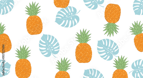 Seamless tropical pineapple and monstera leaf pattern with summer fruits and botanical elements decorative vector background