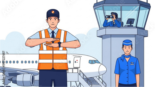 Airport staff in uniform directing an airplane on the tarmac from a control tower viewpoint