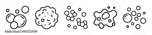 Collection of diverse bubble and foam cluster outline vector graphics representing cleaning suds, soap froth, and effervescence designs on transparent background