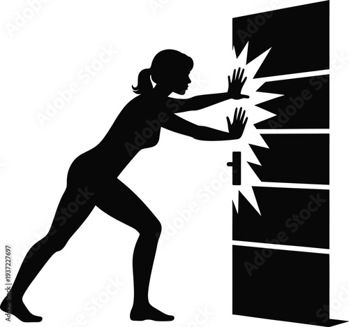 Female silhouette graphic demonstrating intense strength by forcefully pushing open a solid door illustration on transparent background
