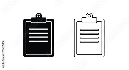 Black and white vector icon set of a clipboard with a document, featuring both solid fill and outline styles, ideal for business, office, and task management designs.