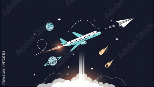 Aeroplane soaring through the cosmos amidst stars and planets from a cloud-based viewpoint