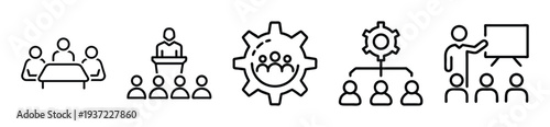 A set of black outline vector graphic icons representing various business meetings, team collaboration processes, organizational structure, and public speaking engagements on transparent background
