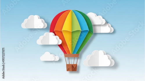 Vibrant hot air balloon soaring through clouds in a serene sky view