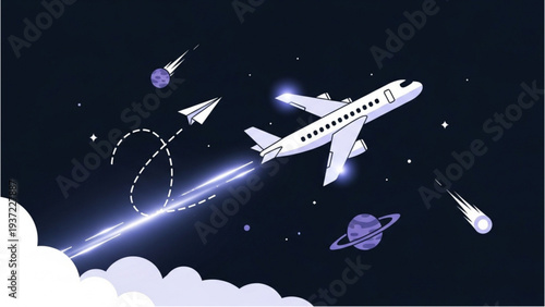 Airplane soaring through the night sky surrounded by stars, planets, and shooting stars in a cosmic journey