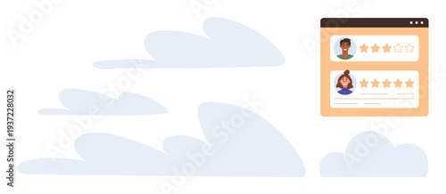 User experience, online reviews, customer satisfaction, service rating, feedback analysis, digital surveys. Profiles with star ratings on a minimalist interface. User experience and online reviews