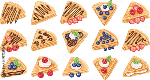 Sweet Crepe Dessert Vector Set with Chocolate, Strawberry, Blueberry, Cream, and Nut Toppings Delicious French Pancake Illustration Collection