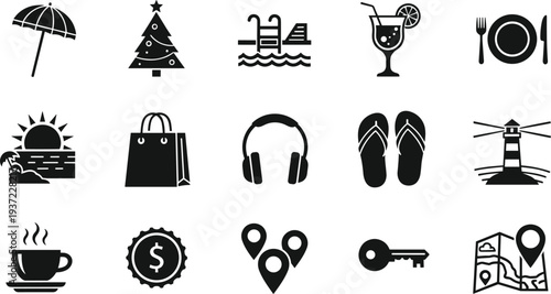 Collection of Minimalist Black Icons Representing Summer Travel Beach Vacations Winter Holidays Shopping Food Leisure Activities and Tourism Destination Mapping Symbols