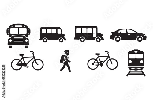 Set of black silhouette transportation vehicles isolated on transparent background vector illustration eps 10, travel and commute icons