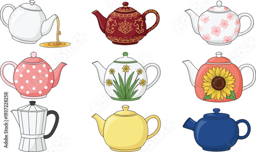 v Teapot collection with floral patterns, porcelain teapots, moka pot, and colorful ceramic tea kettles vector illustration set