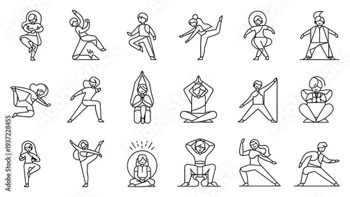 Yoga, pilates, gymnastics, sports, and fitness for men and women, various poses, healthy lifestyle, isolated on a transparent background vector illustration.