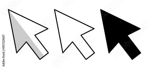 Cursor arrow. Computer mouse cursor arrow icon set outline shaded and solid pointer symbols for web interface navigation click concept digital UI element for website design and applications