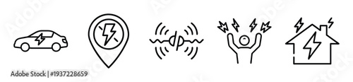 A collection of five black outline vector icons representing electric vehicle charging station location, power transmission, overload, and home electricity concept on transparent background