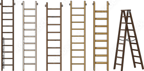 Wooden Ladder Vector Set with Different Household and Construction Ladders Including Step Ladder and Straight Ladder Equipment Illustration Collection