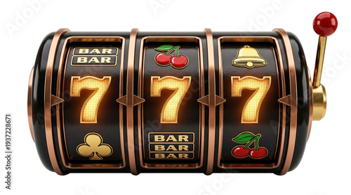 Golden Triple Seven Slot Machine with Lever isolated PNG with Transparent Background