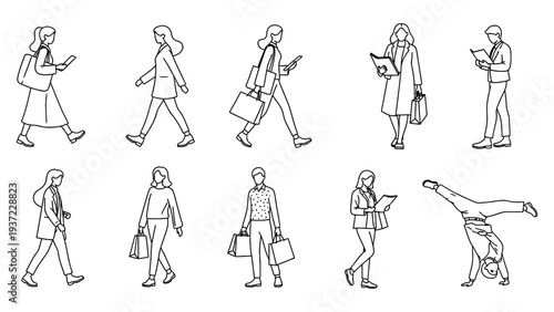 People silhouettes set woman walking, reading phone, shopping cartwheeling man reading looking phone, computer business lifestyle various poses collection vector illustration.