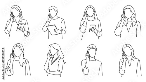 Modern communication line art set showing men and women using mobile phones for digital connectivity and business lifestyle concept illustrations and graphics vector illustration.