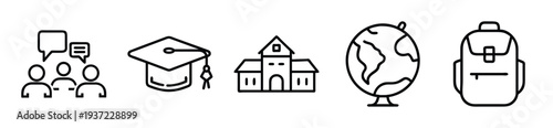 Vector illustration of education icons including graduation cap, school building, and globe on transparent background. on transparent background