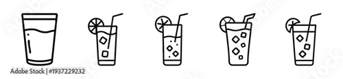 Collection of five distinct minimalist line art vector illustrations depicting various cold beverages, including iced drinks garnished with citrus slices and straws, on transparent background
