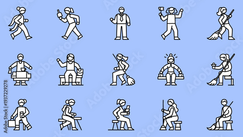 Women performing various daily activities like walking running working and cleaning isolated on blue background vector illustration.