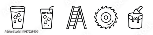 Simple vector illustration of various objects including glasses, ladder, saw blade, and paint can on transparent background. on transparent background