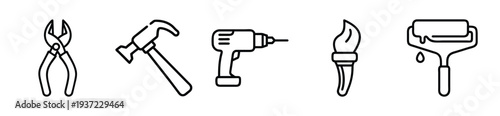 Vector graphic illustration of various construction tools including pliers, hammer, drill, paintbrush, and roller on transparent background. on transparent background