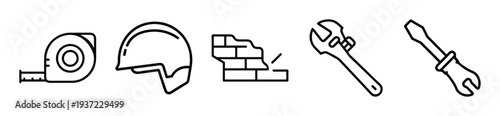 Set of linear construction icons including tape measure, hard hat, bricks, and tools on transparent background