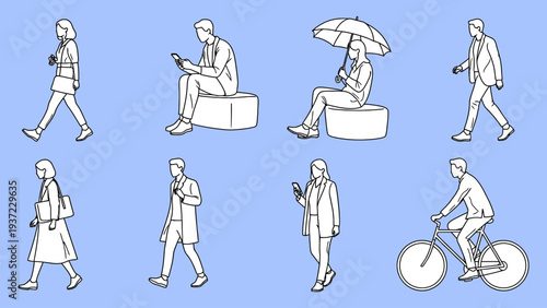 City dwellers and commuters using technology and umbrella walking cycling on a blue background vector illustration.