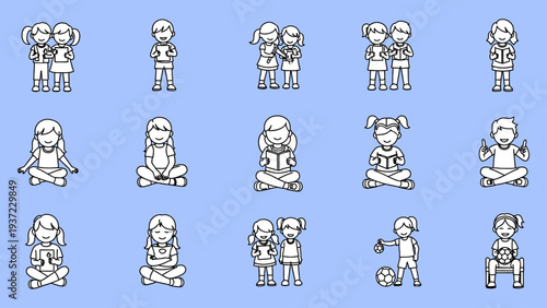 School children characters vector collection with diverse kids engaging in educational activities, playing sports, and reading books for learning and development vector illustration.