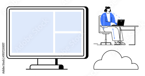 Remote work concept. Remote work visualizes cloud computing and virtual connections. Remote work highlights technology integration and efficiency. For productivity, cloud solutions, office tech