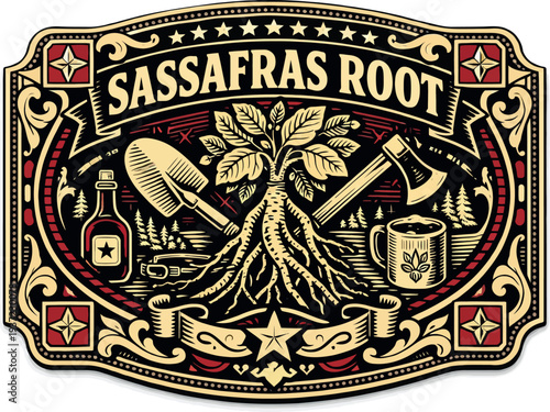 Sassafras Root Rustic Herbal Badge Vector