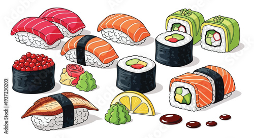 Assorted japanese sushi set with nigiri maki and sashimi illustration