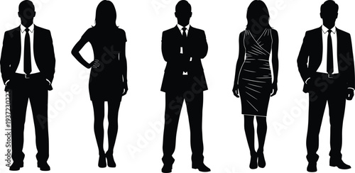 Business, people, silhouettes, men, women, corporate, professionals, office, team, standing, businessman, businesswoman, leadership, career, workforce, corporate, people, silhouette, illustration