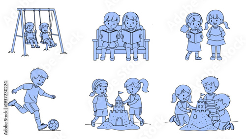 Featuring children engaged in various outdoor and indoor recreational activities and play vector illustration.