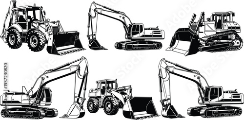 Construction heavy equipment set with excavator bulldozer loader and backhoe machines isolated vector illustration for building and engineering industry