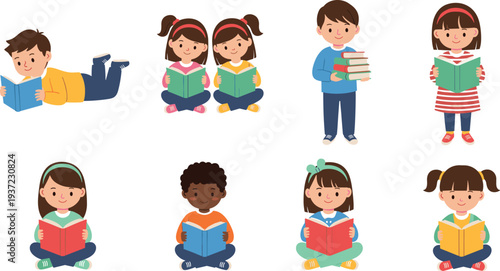 Children reading books illustration set with kids studying learning education and school knowledge activities vector characters
