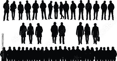 Crowd people silhouettes collection with standing groups walking individuals and community gathering vector illustration