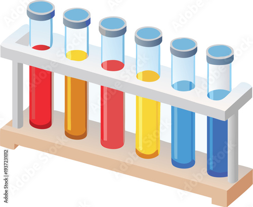 Colorful test tubes in a rack filled with red orange yellow blue and clear liquids for science experiments and chemical research