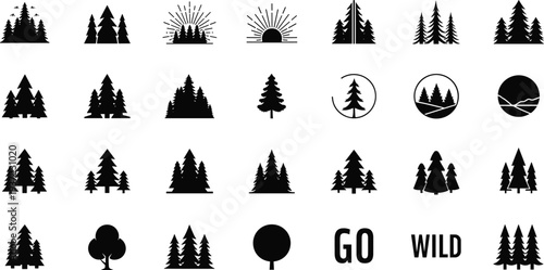 Forest and pine tree silhouettes collection with nature landscape camping wilderness and outdoor adventure vector icons set