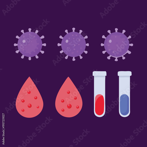 Medical illustration of virus particles and blood samples in test tubes and droplets on purple background