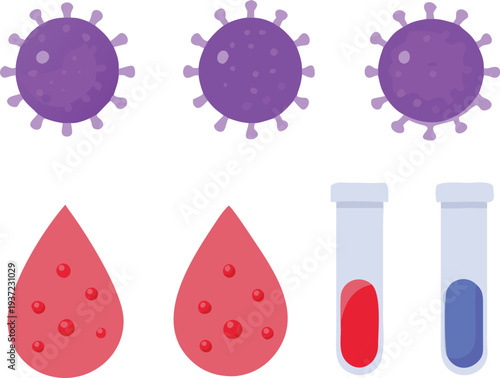 Virus cells and blood samples in test tubes and droplets isolated on transparent background