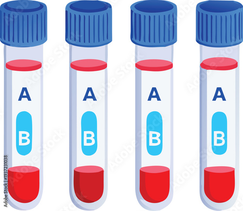 Four test tubes with blue caps and red and blue labels on transparent background for medical or laboratory use