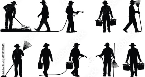 Gardener silhouettes collection with workers raking grass spraying plants carrying baskets and garden maintenance vector illustration set