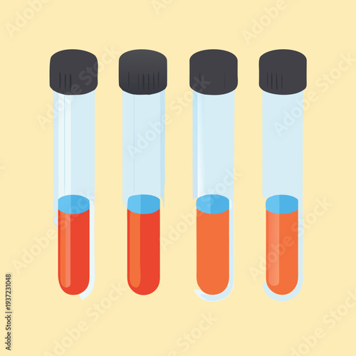 Four test tubes with red liquid and black caps on yellow background  science laboratory equipment  medical research  chemistry