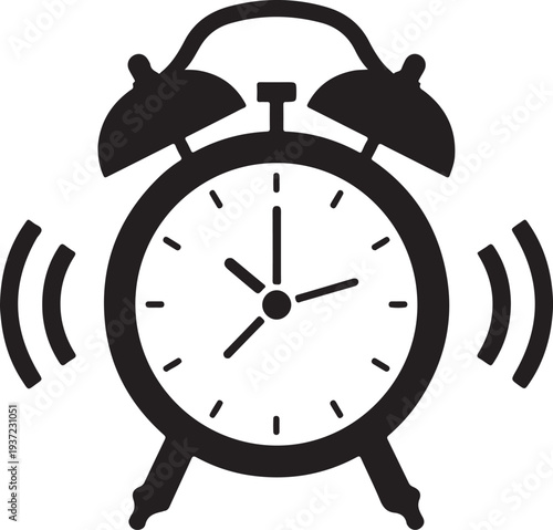 Alarm silhouette. This image depicts a black silhouette of an alarm clock with distinct ringing bells, symbolizing time